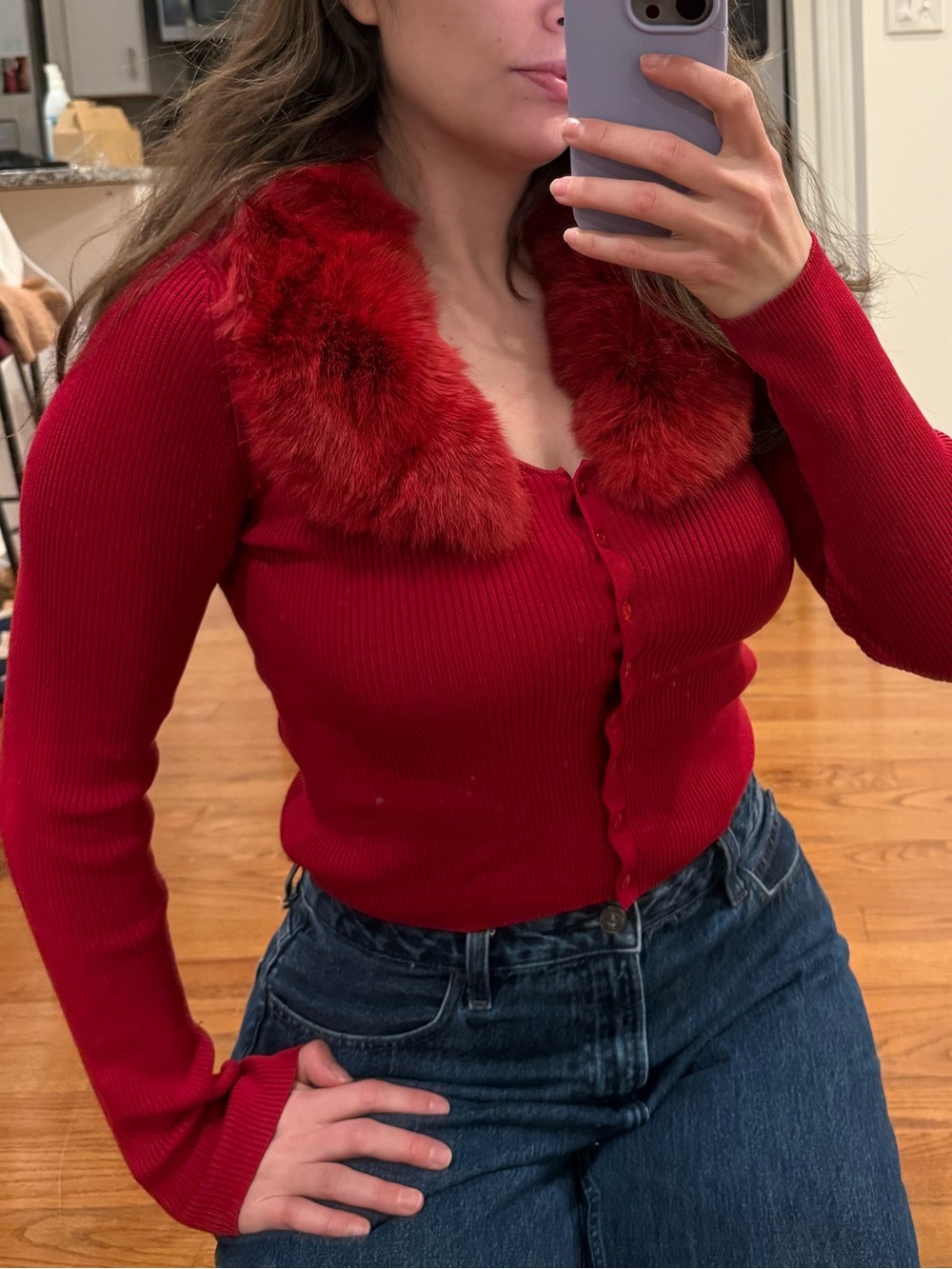 Red Ribbed Button-Up Sweater with Fur Collar